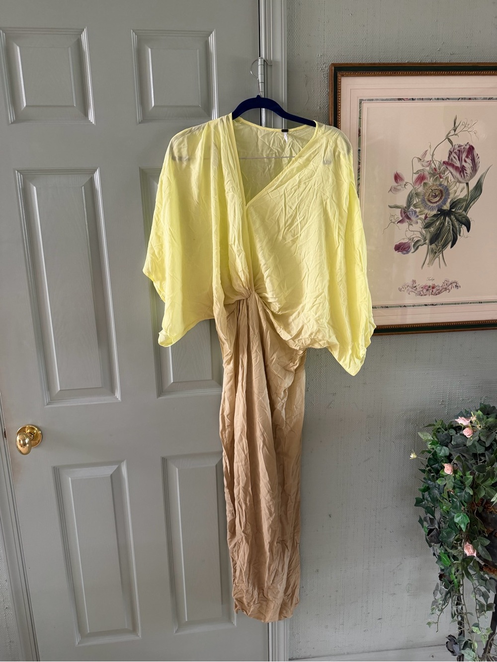 Light Yellow and Beige Maxi Dress with Draped Knot Front